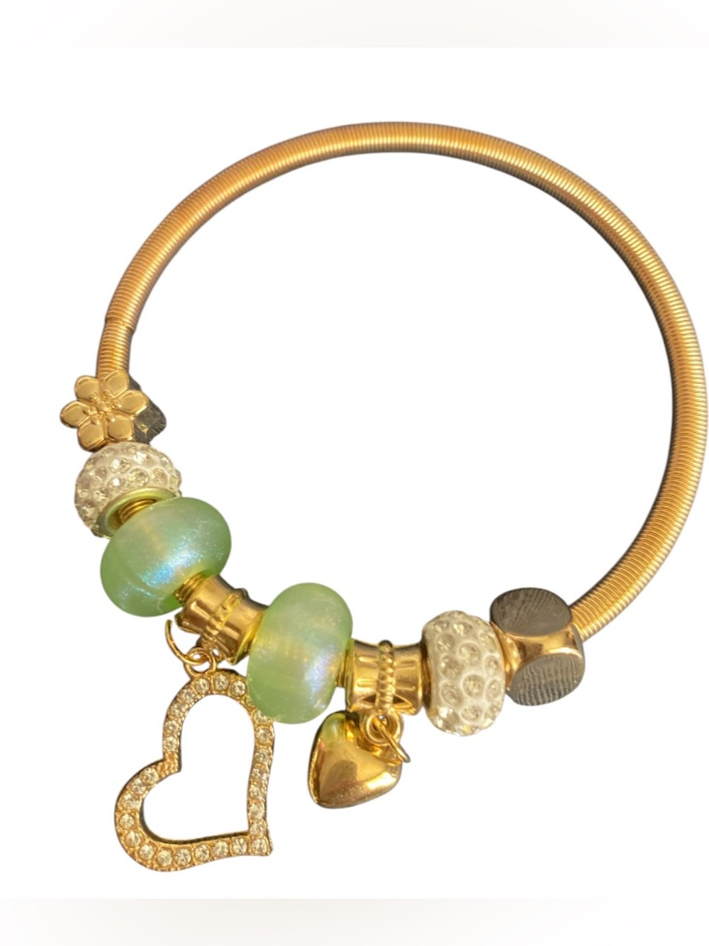 Gold Charm Bracelet with Green Iridescent Beads and Heart Pendants